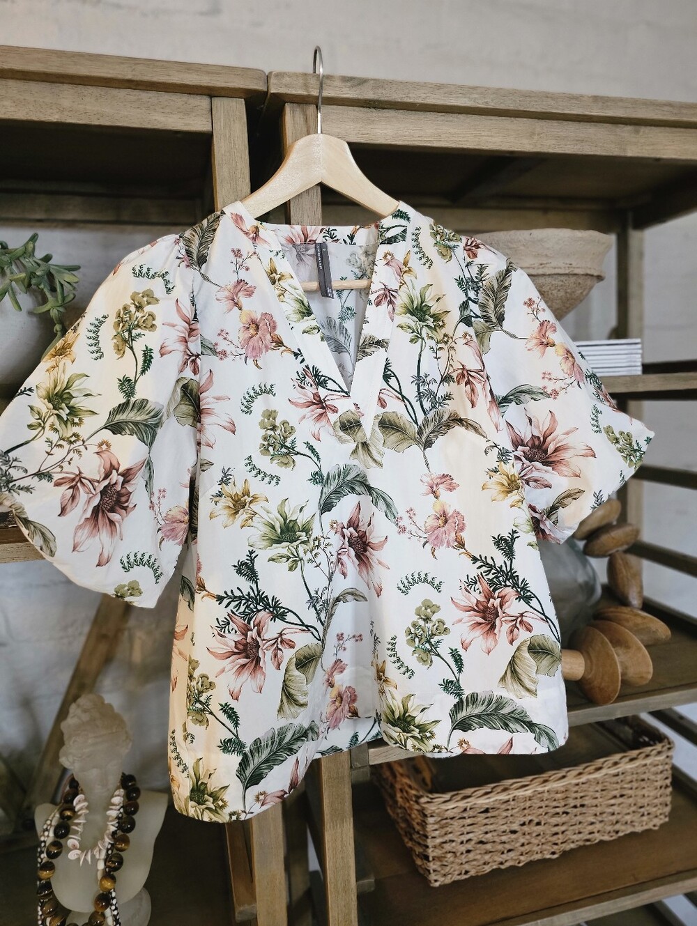 Anthropologie V-Neck Puff-Sleeve Cotton   Popover Blouse Sz S NWOT